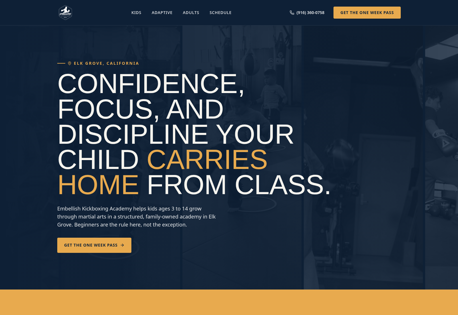 Embellish Kickboxing Academy website hero, built by Distinguished Creative Co.