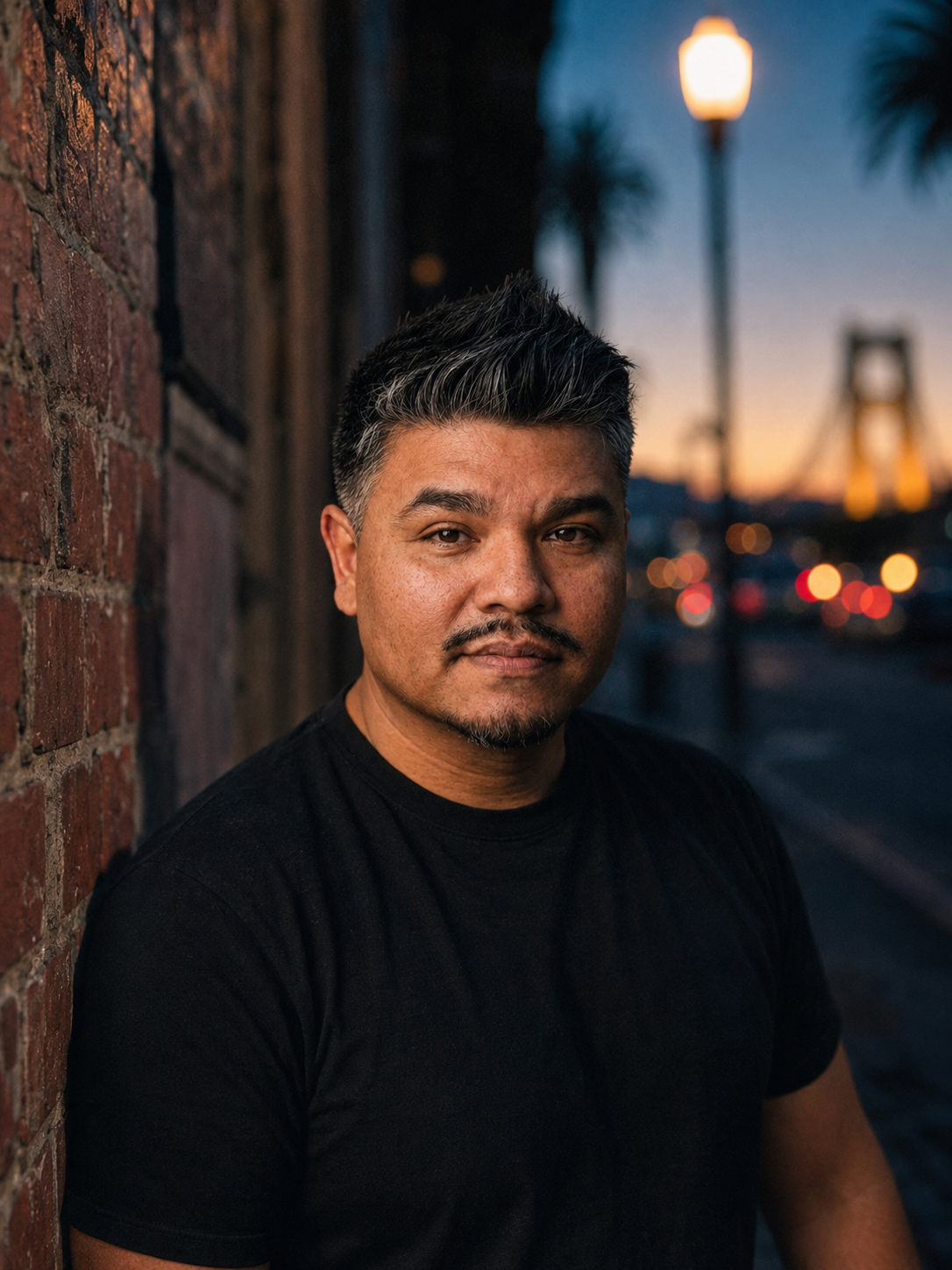 Chris Serra outside in evening light, Sacramento.