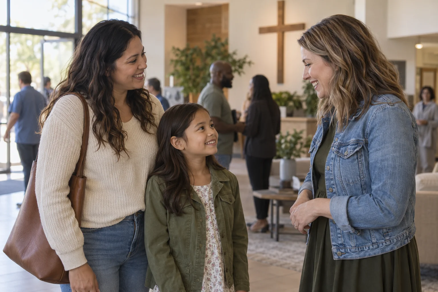 Illustrative scene of a mother and daughter being welcomed