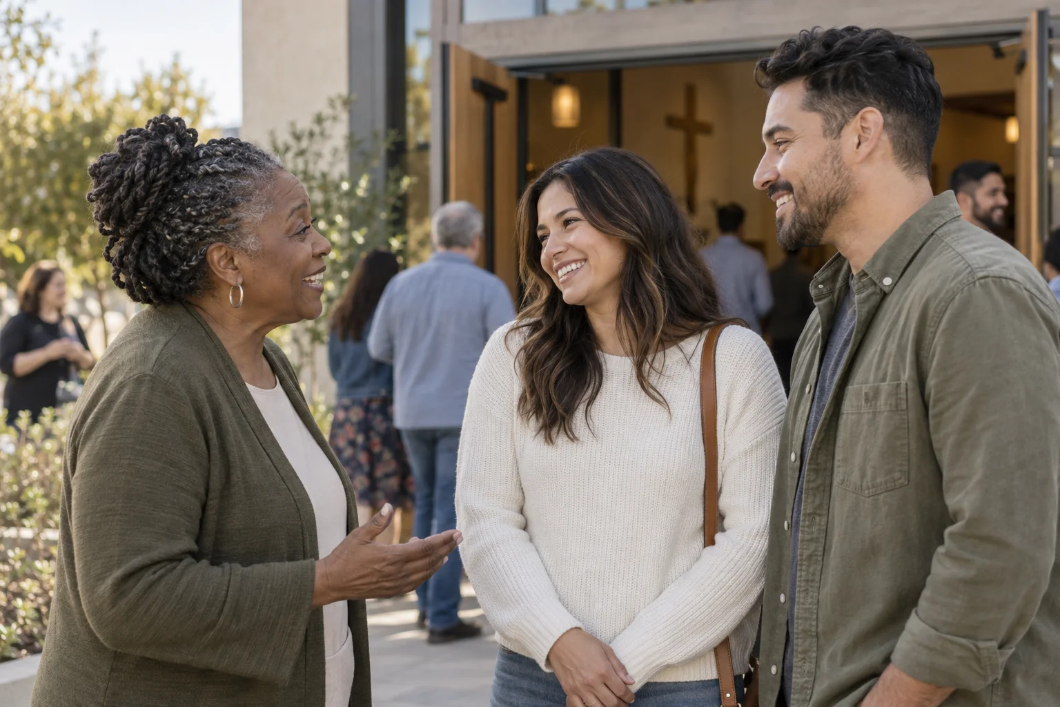 Illustrative scene of a warm conversation at a church entrance